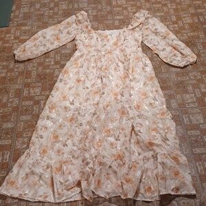 Maxi Dress with Flowy Fit Long Puff Sleeves Boho Floral Square Neck